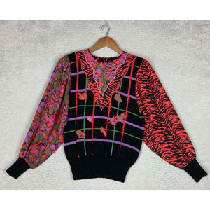 Vintage Diane Freis Top Womens Medium Wool Knit Sweater Chiffon Sleeves 80's